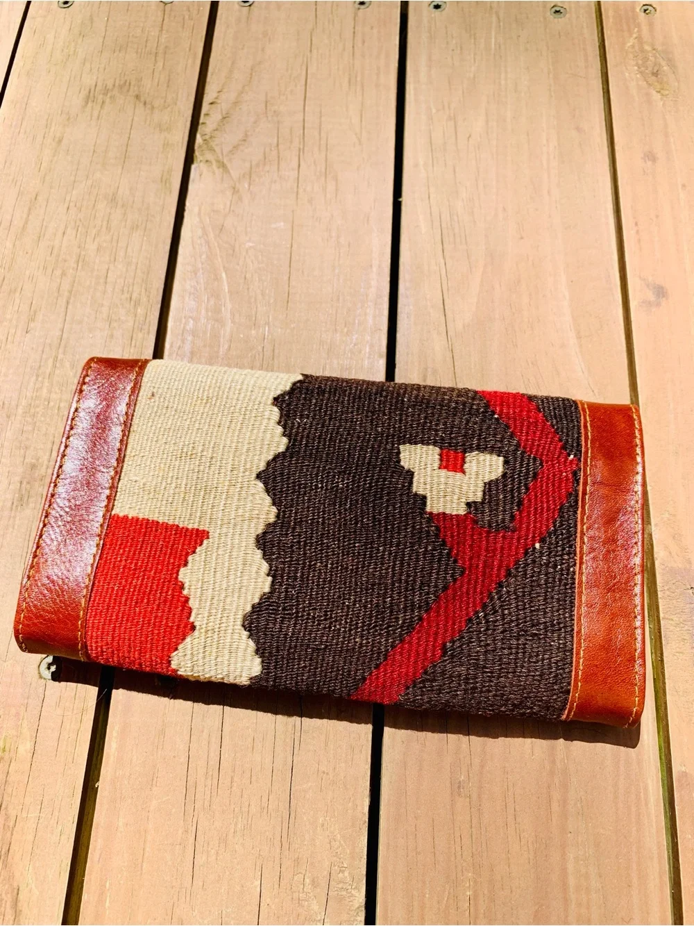 Handwoven Envelope Clutch with Brown Leather Trim in Brown and Red